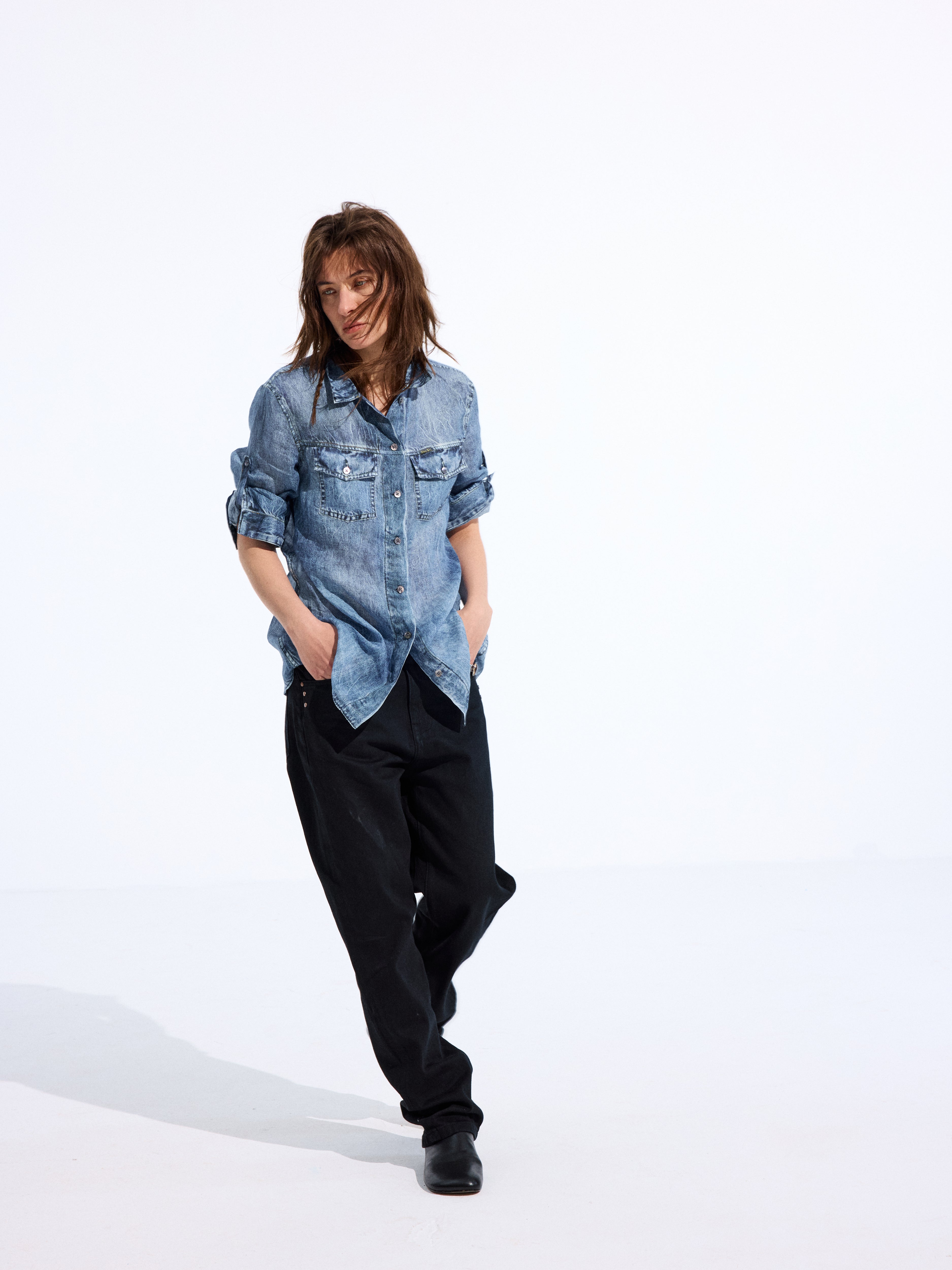 Longline Denim-Print Ramie Shirt
