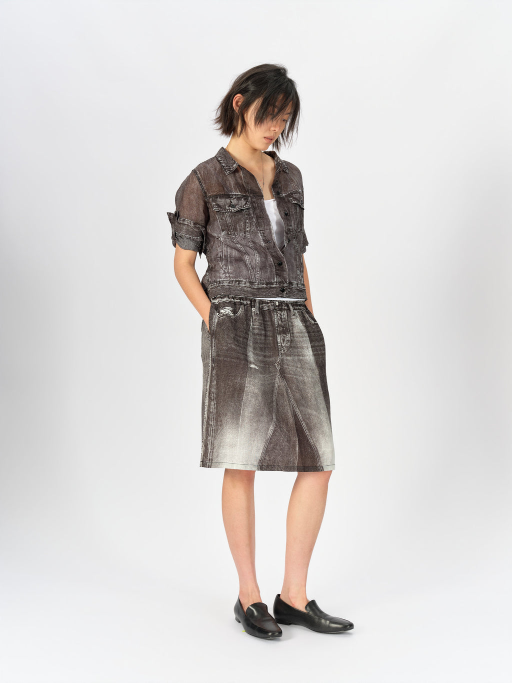 Denim-Print Ramie Midi Skirt