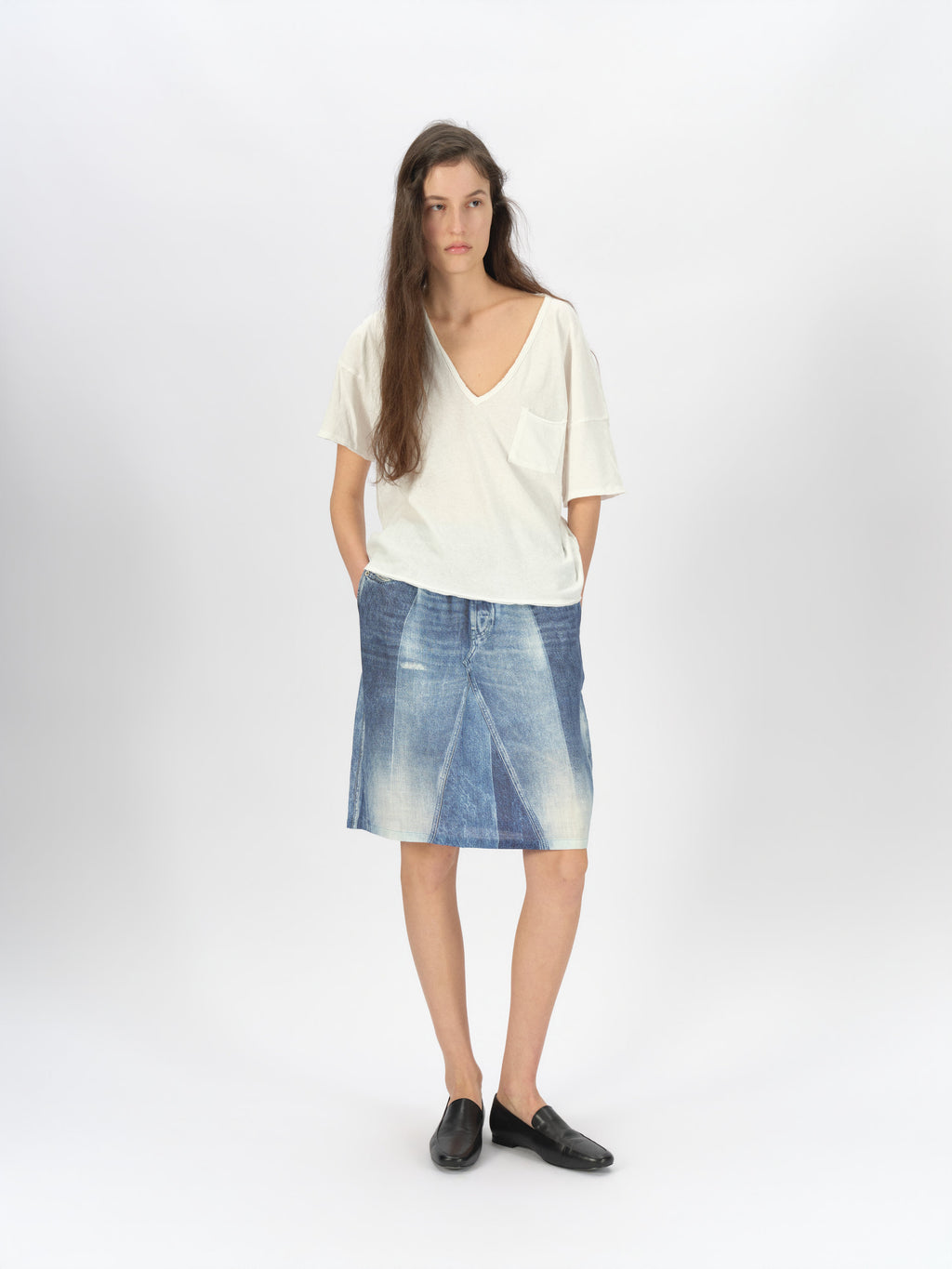 Denim-Print Ramie Midi Skirt