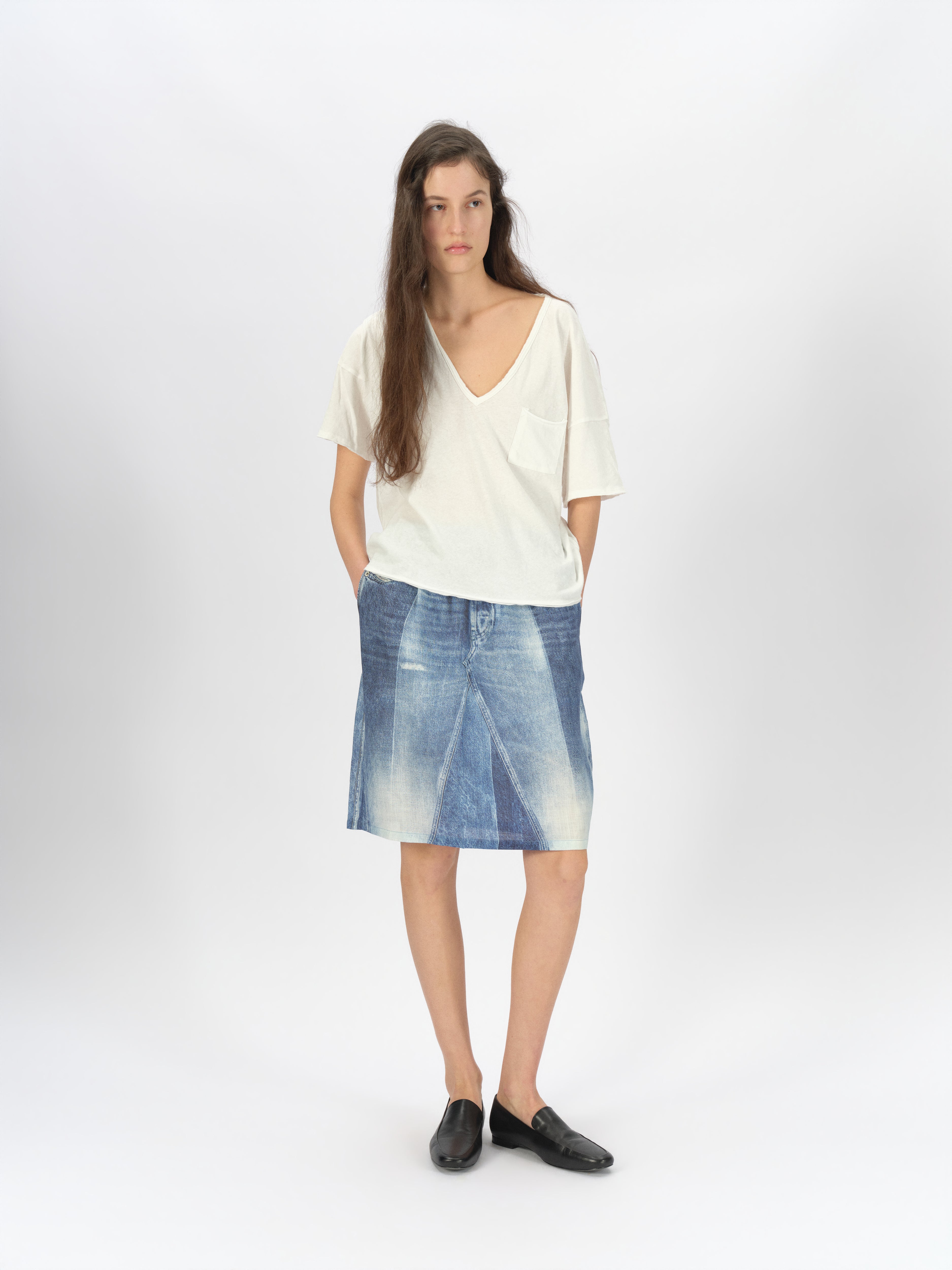 Denim-Print Ramie Midi Skirt
