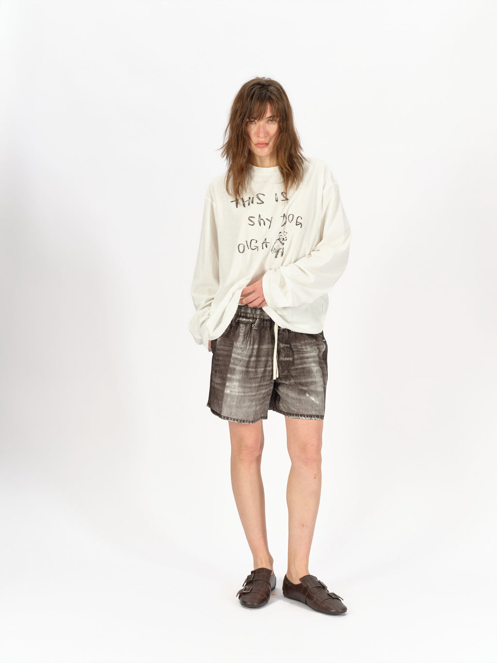 Denim-Print Ramie Shorts