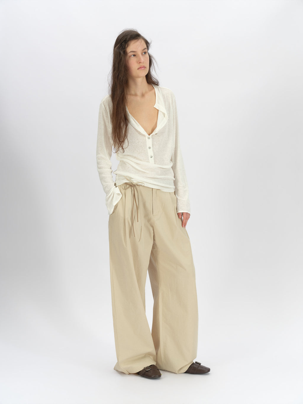 Bicolor-Belted Cotton Wide-Leg Pants